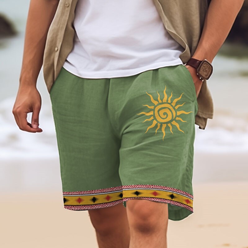 Men's Cotton Linen Shorts Summer Shorts Beach Shorts Print Drawstring Elastic Waist Sun Comfort Breathable Short Outdoor Holiday Going out Cotton Blend Ethnic Style Casual White Pink4