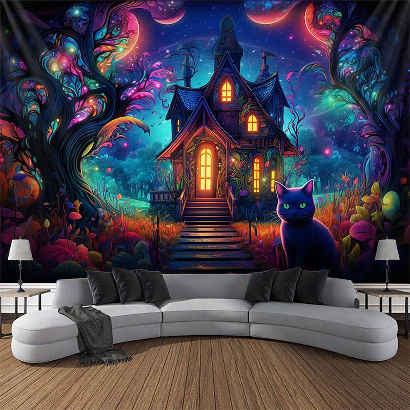 Blacklight Tapestry UV Reactive Glow in the Dark Glow Party Neon Magic Castle Cat Nature Psychedelic Trippy Misty Hanging Tapestry Wall Art Mural for Living Room Bedroom