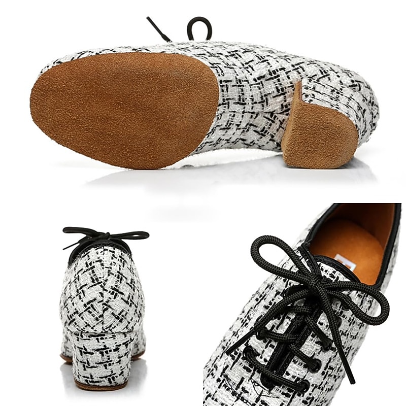 Women's Tweed Latin Dance Shoes – Lace-Up Ballroom Performance Heels with Suede Sole for Professional Dancers2