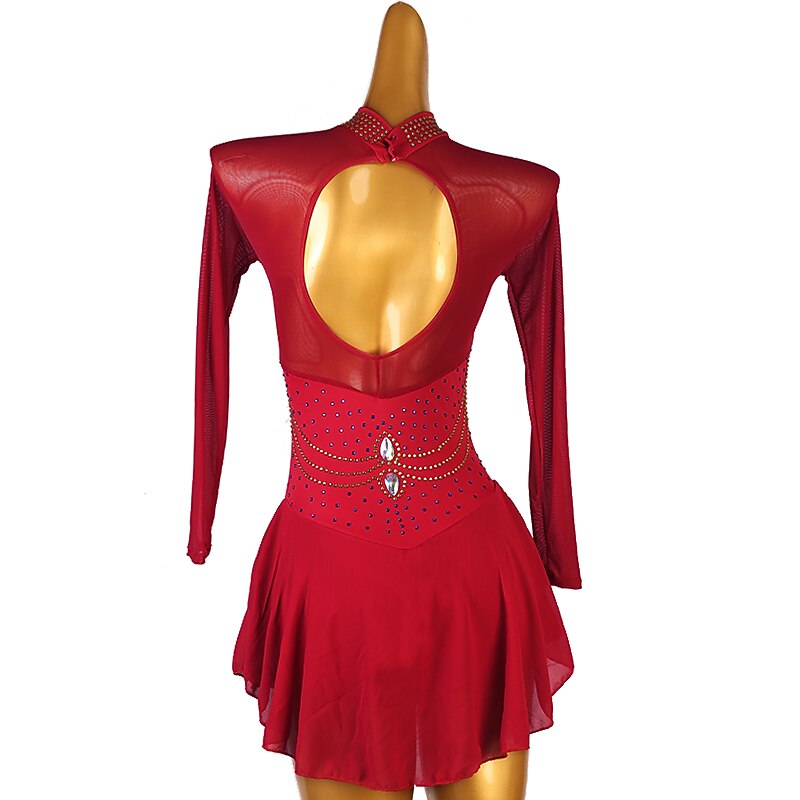 Figure Skating Dress Women's Girls' Ice Skating Dress Burgundy Patchwork Open Back Mesh High Elasticity Training Competition Skating Wear Classic Crystal / Rhinestone Long Sleeve Ice Skating Figure4