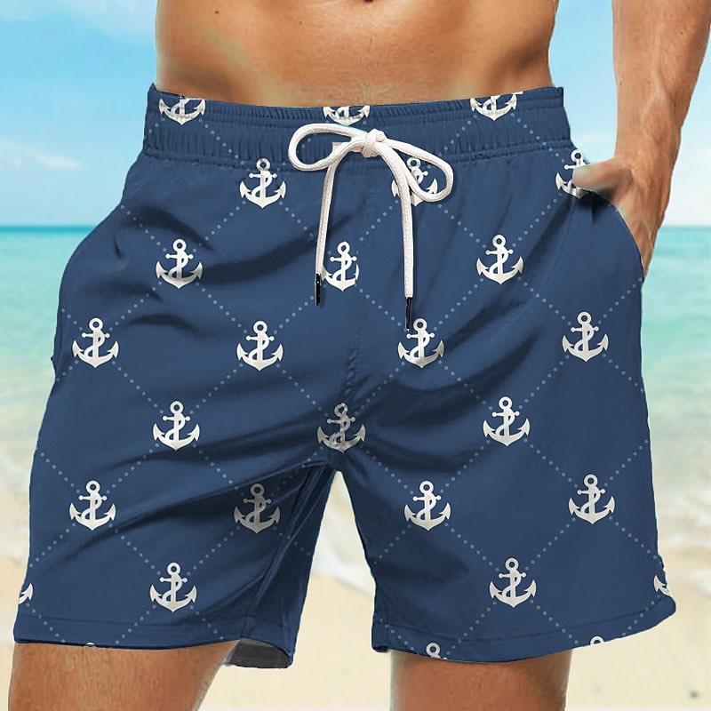 Men's Anchor Swim Trunks Swim Shorts Board Shorts Mid Waist Hawaiian Casual Holiday Beach Drawstring with Mesh lining Elastic Waist Designer Clothing Apparel