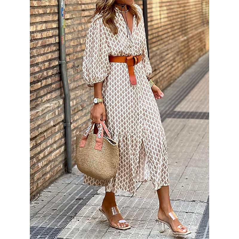 Women's Midi Dress Casual Dress Boho Chic Dresses Bohemia Streetwear A Line Vacation Street Holiday Loose Fit Floral Long Sleeve V Neck Khaki Summer Spring4