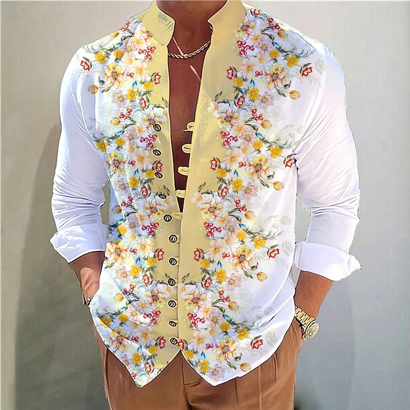 Men's Floral Shirt Button Up Shirt Long Sleeve Casual Daily Wear Going out Weekend Spring & Summer Standing Collar Print Button-Down Yellow Pink Blue Purple