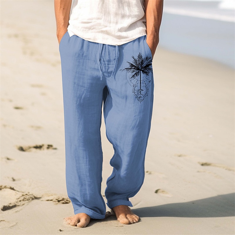 Men's Palm Tree Linen Pants Pants Trousers Baggy Pants Mid Waist Vintage Outdoor Daily Wear Streetwear Fall & Winter Black Blue Green4
