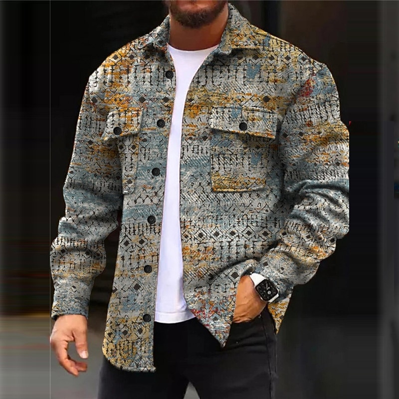 Men's Geometry Graffiti Ethnic Shirt Shirt Jacket Overshirt Long Sleeve Fashion Streetwear Designer Outdoor Casual Daily Fall & Winter Turndown Print Blue Gray