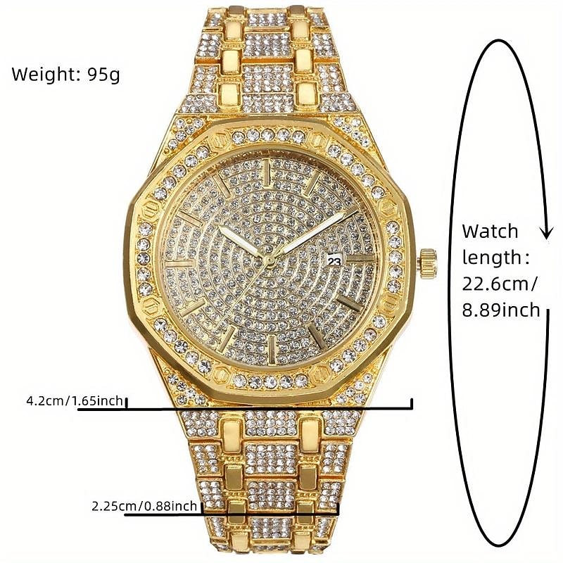 3pcs/set HipHop Mens Rhinestone Watch & Necklace & Bracelet Set, Christmas Gift3