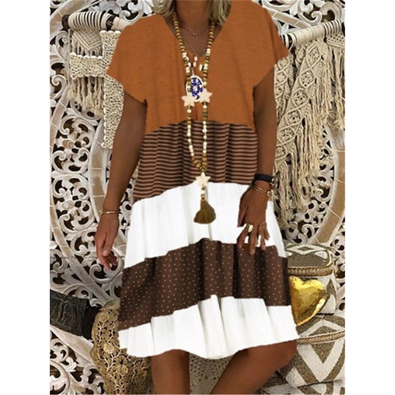 Women's Casual Dress T Shirt Dress Tee Dress Polka Dot Stripe Print V Neck Midi Dress Vacation Short Sleeve Summer3