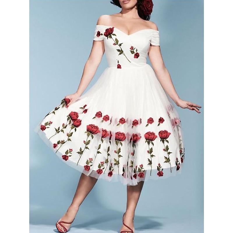 Women's Valentine Lace Dress Vintage Dress Party Dress Mesh Mesh Embroidered Off Shoulder Short Sleeve Floral Midi Dress Wedding Guest Cocktail Party Elegant Vintage Black White Summer Spring2