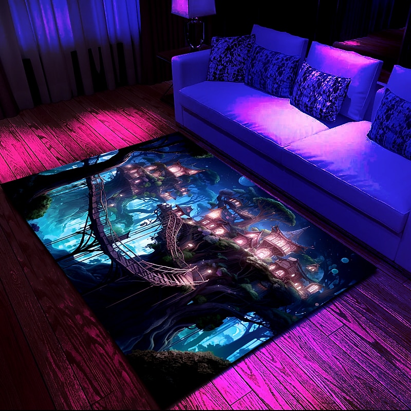 Blacklight Rug UV Reactive Glow in the Dark Area Rug Kitchen Mat Non-Slip Oil Proof Trippy Tree House Floor Mat Livingroom Rug Indoor Outdoor Mat Bedroom Decor Bathroom Mat Entrance Rug Door Mat4