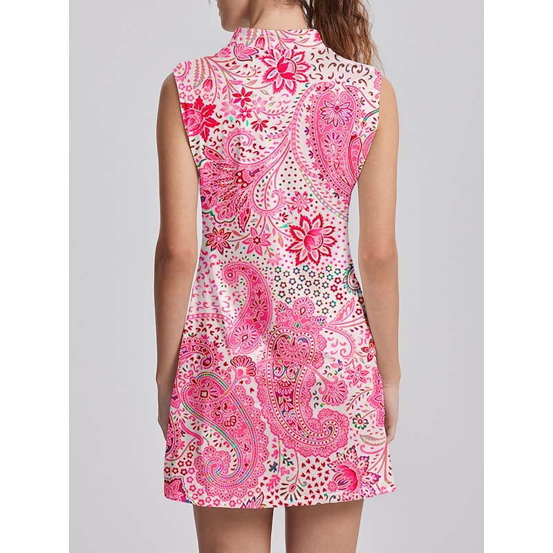 Women's Golf Dress Rose Red Sleeveless Paisley Ladies Golf Attire Clothes Outfits Wear Apparel3