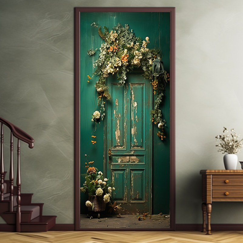 Floral Vintage Green Door Covers Mural Decor Door Tapestry Door Curtain Decoration Backdrop Door Banner Removable for Front Door Indoor Outdoor Home Room Decoration Farmhouse Decor Supplies2