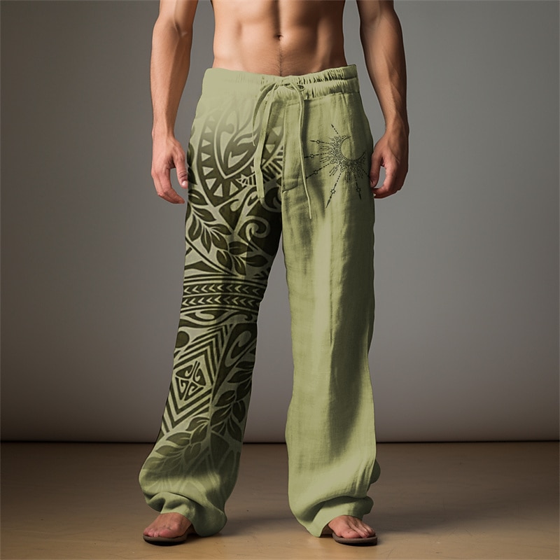 Men's Palm Leaf Linen Pants Pants Trousers Baggy Pants Mid Waist Vintage Outdoor Daily Wear Streetwear Fall & Winter Blue Green3