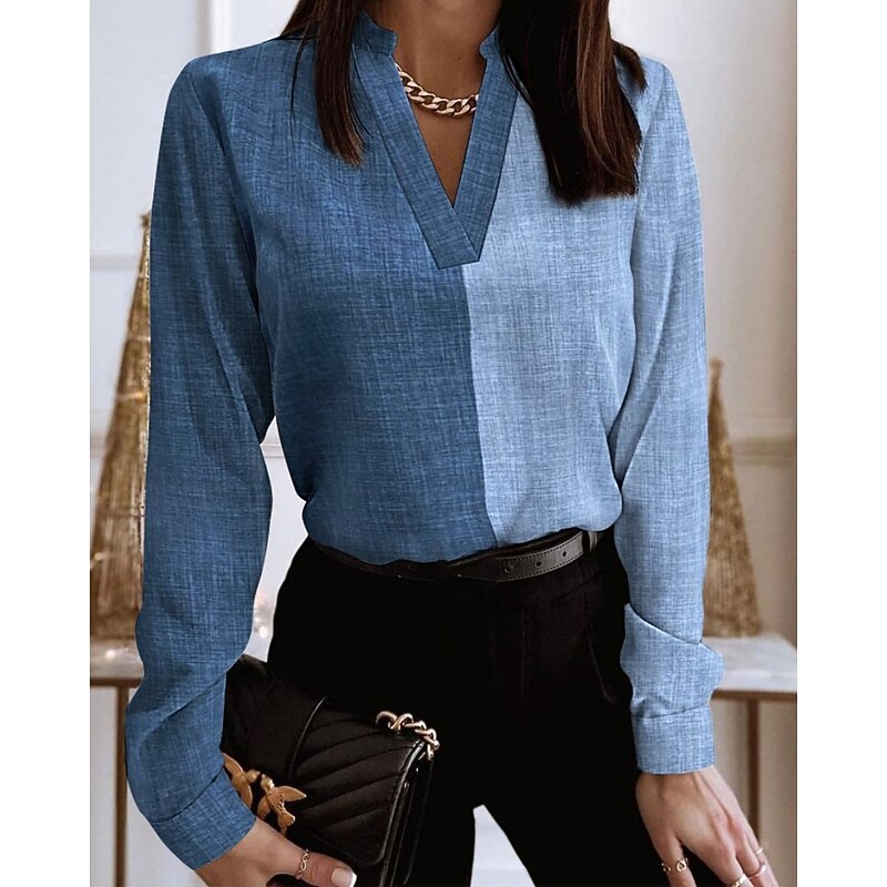 Women's Lace Shirt Blouse Eyelet top White Lace Shirt Elegant Color Block Lace Patchwork Puff Sleeve Long Sleeve V Neck Casual Denim Blue Black White Khaki Fall4