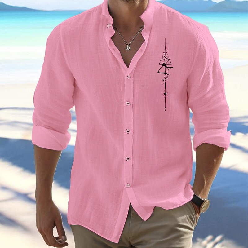 Men's Shirt Beach Shirt Button Up Shirt Symbol Outdoor Vacation Black White Pink Green Long Sleeve Standing Collar Spring &  Fall Clothing Apparel Print3
