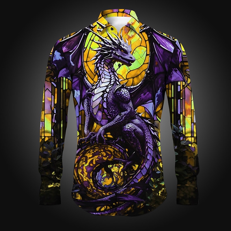 Men's Dragon Shirt Button Up Shirt Long Sleeve Abstract Daily Wear Going out Spring & Summer Turndown Print Button-Down Yellow Red Blue Purple Orange2