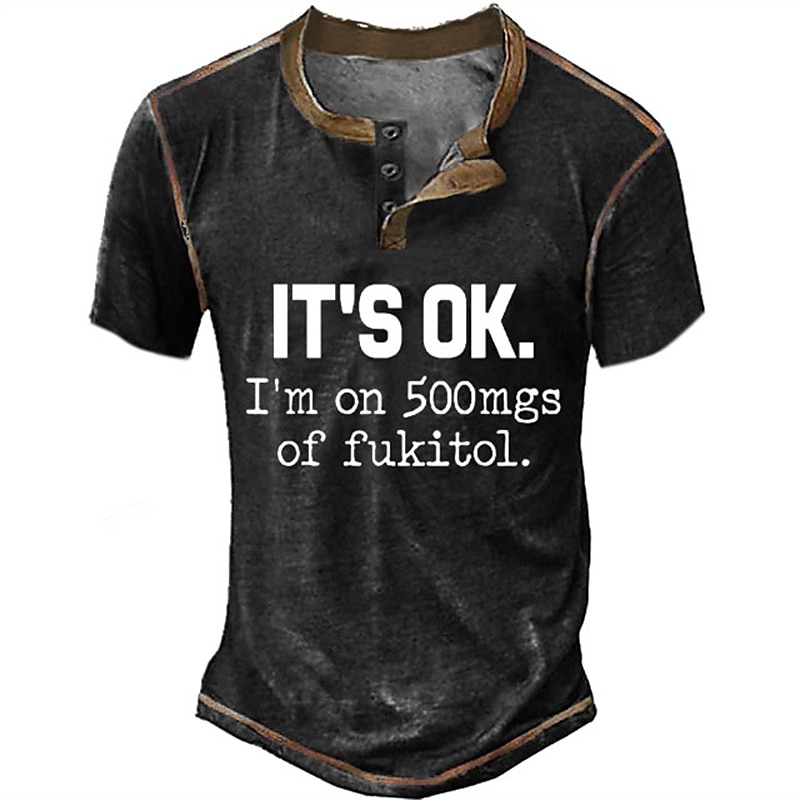 Men's Graphic Letter T Shirt Henley Shirt Short Sleeve 3D Print Fashion Retro Vintage Classic Sports Outdoor Holiday Going out Spring & Summer Black Army Green Dark Blue Coffee Henley Henley T-Shirt