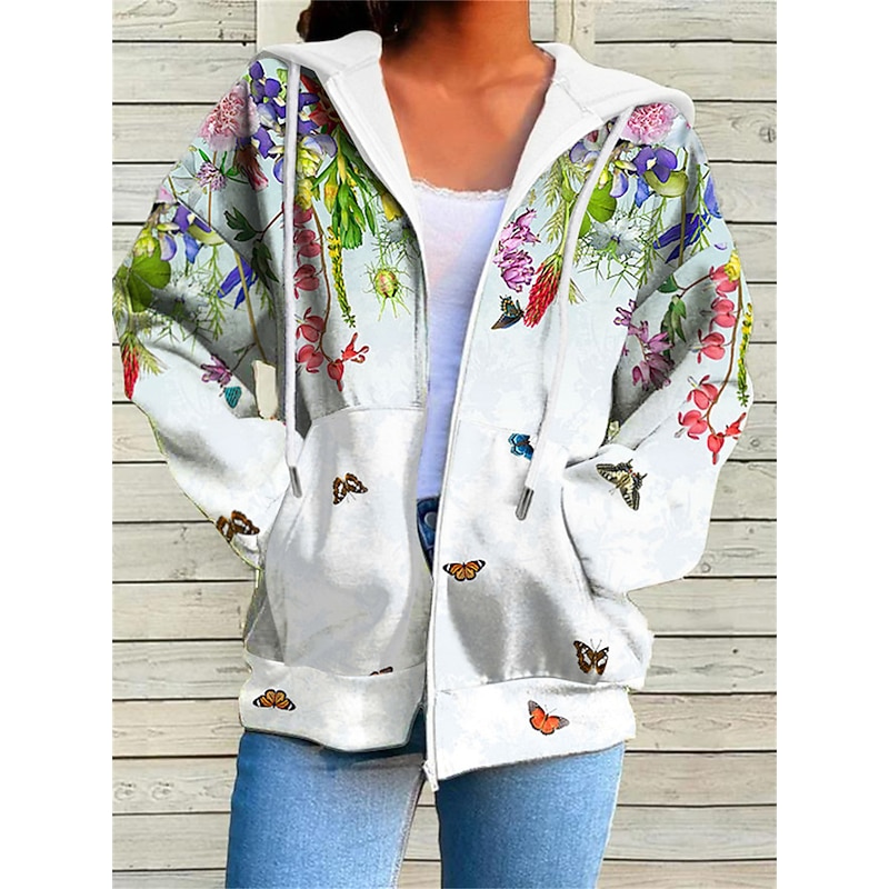 Women's Hoodie Jacket Breathable Comfortable Pocket Drawstring Print Sports Daily Casual Floral Outdoor Street Sport Zipper Regular Hoodie Regular Fit Long Sleeve Outerwear White Yellow Pink Fall