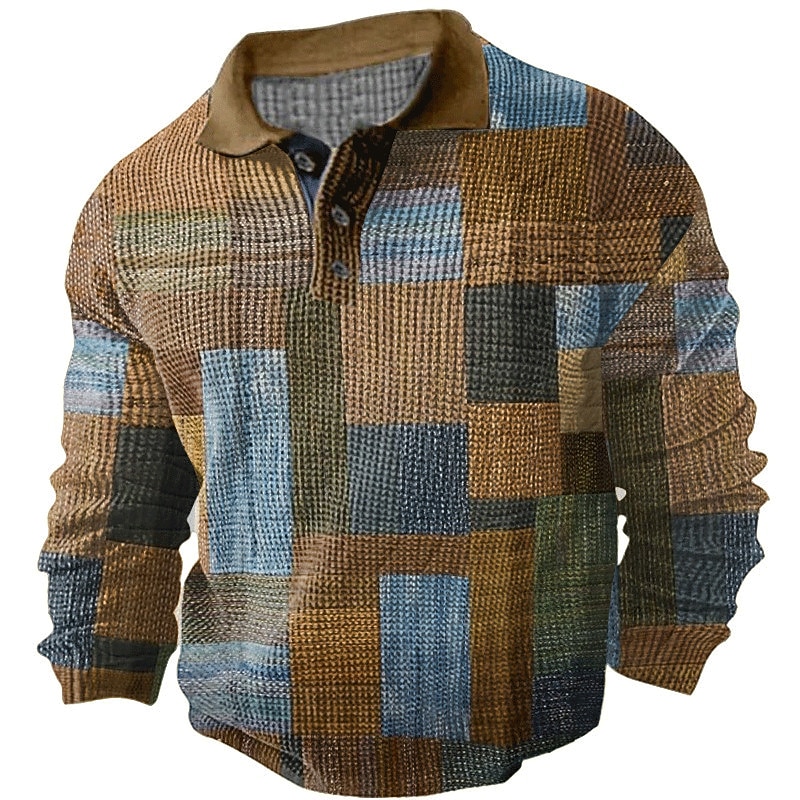 Men's Plaid Waffle Polo Shirts Golf Shirt Long Sleeve Polo Shirts Collared Shirts Vintage Casual Vacation Wear Formal Wear Festival Wear Buttons 3D Print Fall & Winter Black Yellow Brown2