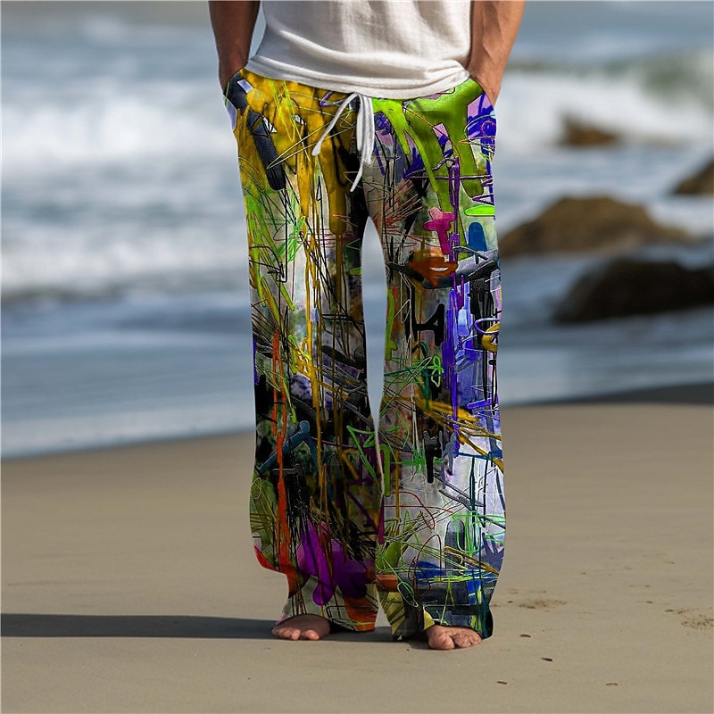 Color Block Graffiti Abstract Men's 3D Print Pants Trousers Outdoor Daily Wear Streetwear Polyester Yellow Dark Purple Red S M L Medium Waist Elasticity Pants2