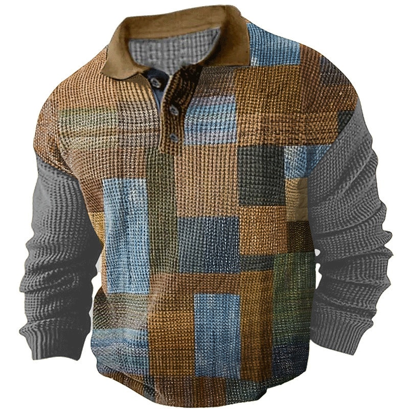 Men's Plaid Waffle Polo Shirts Golf Shirt Long Sleeve Polo Shirts Collared Shirts Vintage Casual Vacation Wear Formal Wear Festival Wear Buttons 3D Print Fall & Winter Black Yellow Brown4