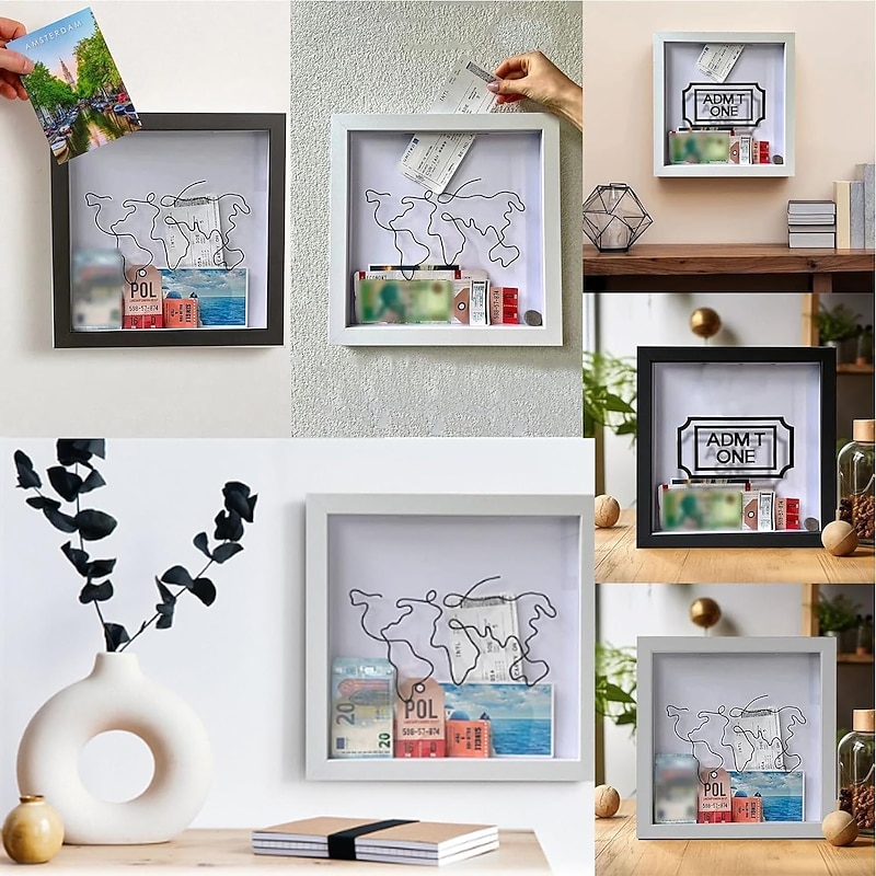 Adventure Archive Box, Travel Shadow Box with Slot, Memory Boxes for Keepsakes, Shadow Box Frame, Ticket Holder with World Map and Plane Design, Photo Theatre Movie Concert Ticket2