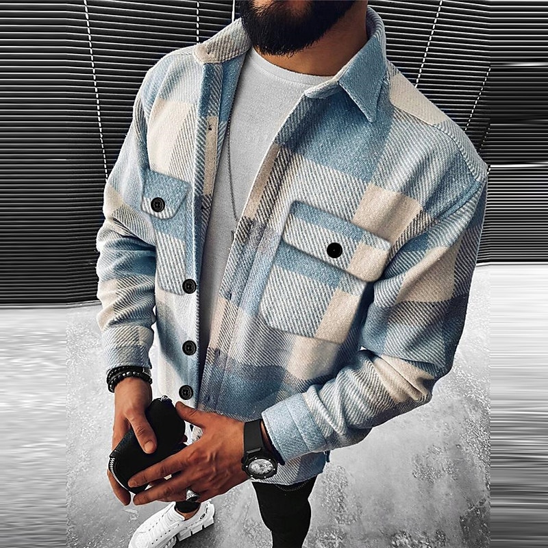 Men's Plaid Geometric Pattern Shirt Jacket Overshirt Long Sleeve Fashion Going out Weekend Fall & Winter Turndown Print Pink Blue Sky Blue Vivid Pink Orange2