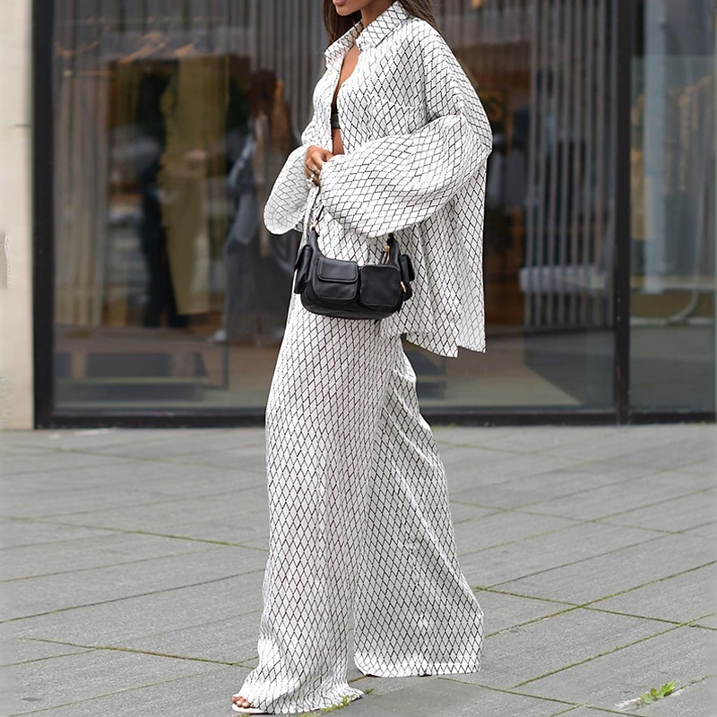 Women's EU / US Size2 Pieces SetsFashion Daily Shirt Pants Trousers Long Sleeve Shirt Collar Plaid Print Casual Daily Weekend White Autumn / Fall Loose Fit2