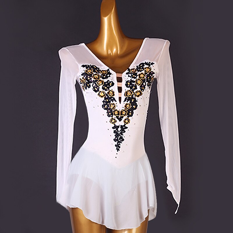 Figure Skating Dress Women's Girls' Ice Skating Dress White Patchwork Open Back Mesh High Elasticity Training Competition Skating Wear Classic Long Sleeve Ice Skating Figure Skating