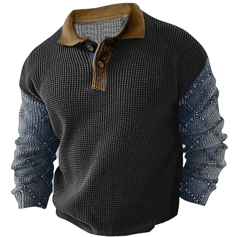 Men's Plaid Waffle Polo Shirts Golf Shirt Long Sleeve Polo Shirts Collared Shirts Vintage Casual Vacation Wear Formal Wear Festival Wear Buttons 3D Print Fall & Winter Black Dark Navy Khaki4