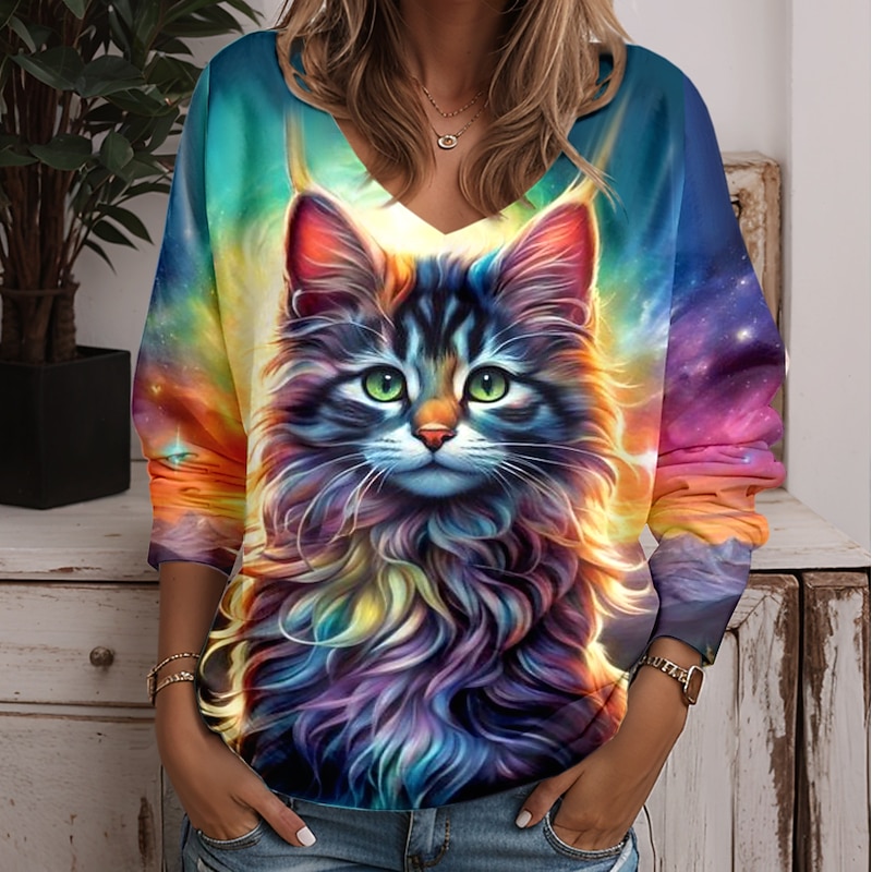 Women's Tunic T Shirt Animal Cat Fashion Funny Long Sleeve V Neck Regular Tops Daily Weekend Print Yellow Blue Purple Green Light Blue Spring &  Fall