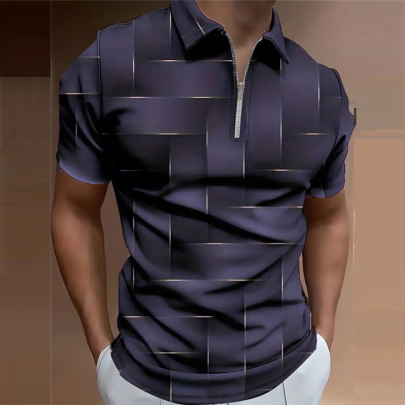 Men's Plaid Zip Polo Shirts Golf Shirt Short Sleeve Polo Shirts Collared Shirts Casual Vacation Wear Formal Wear Festival Wear 3D Print Quarter Zip Polo Spring & Summer Black Purple Brown