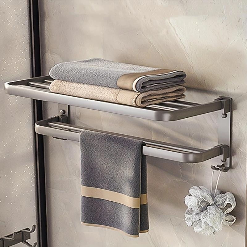 1pc Towel Rack For Bathroom, Folding Multi-layer Towel Bar, Wall Mounted Towel Holder, Bathroom Towel Hanger With Hook, Bathroom Storage And Organization, Bathroom Accessories3