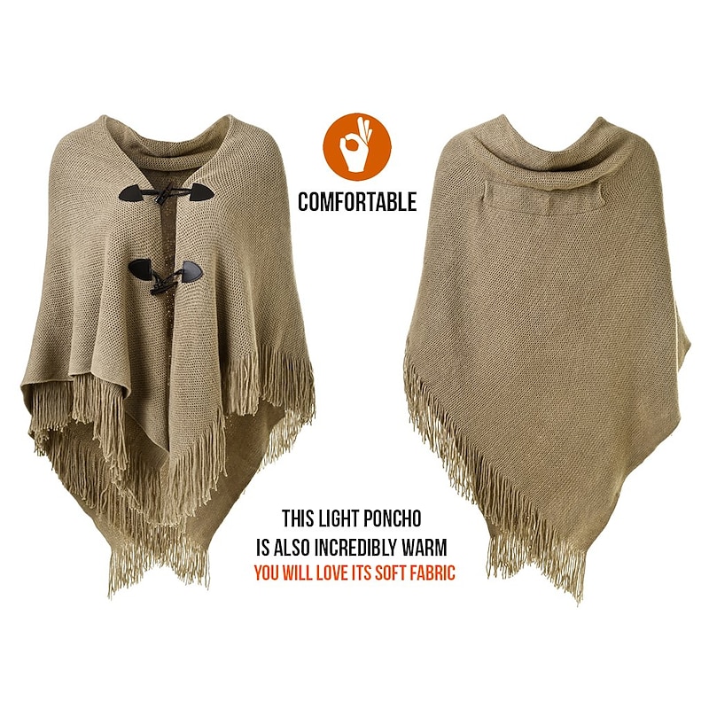 Womens Loose Fitting Poncho Cape Shawl with Stylish Horn Buttons Retro Vintage Medieval Renaissance Viking Costumes V Neckline and V Hem3