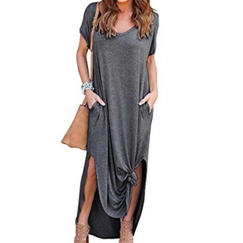 Women's Casual Dress Long Dress Maxi Dress Cotton Pocket Split Date Maxi Basic V Neck Short Sleeve Black White Pink Color 5