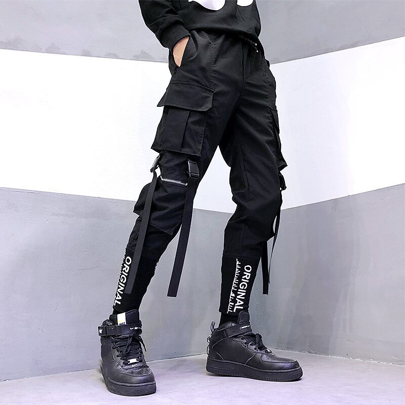 Men's Cargo Pants Joggers Techwear Drawstring Elastic Waist Multi Pocket Graphic Letter Comfort Wearable Casual Daily Holiday Sports Fashion Black