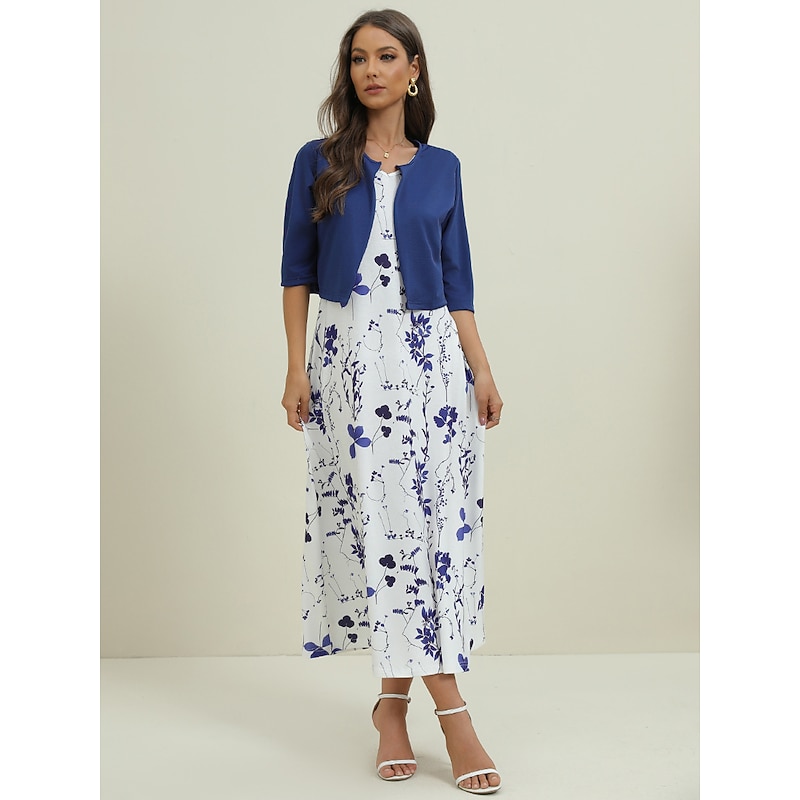 Women's Midi Dress Two Piece Dress Set Casual Dress Print Dress Daily Vacation Fashion Elegant Pocket Print Crew Neck Half Sleeve Floral Regular Fit Black Navy Blue Green Summer Spring S M L XL XXL3
