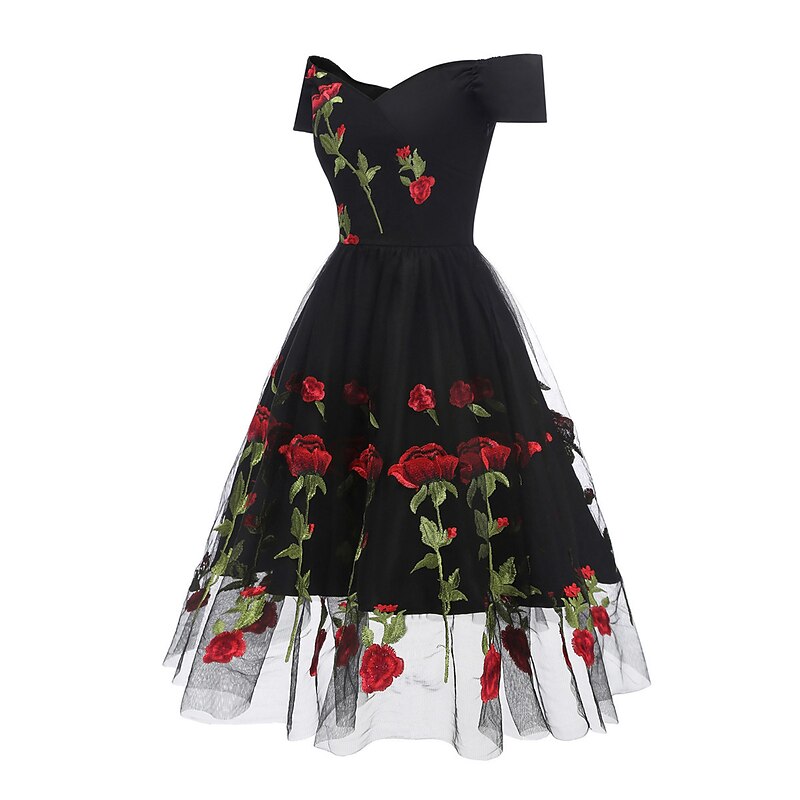 Women's Valentine Lace Dress Vintage Dress Party Dress Mesh Mesh Embroidered Off Shoulder Short Sleeve Floral Midi Dress Wedding Guest Cocktail Party Elegant Vintage Black White Summer Spring4