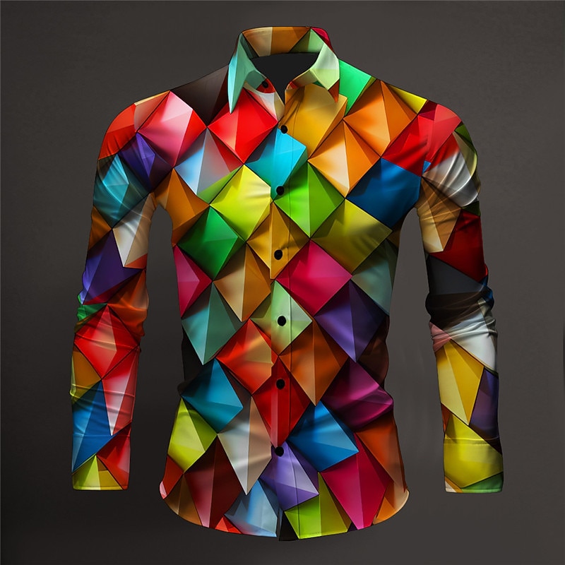 Men's Colorful Color Block Geometric Pattern Shirt Button Up Shirt Long Sleeve Artistic Abstract Daily Wear Going out Fall & Winter Turndown Print Button-Down Purple Rainbow
