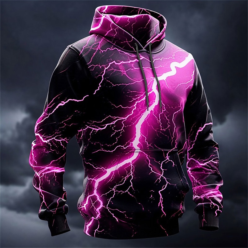 Men's Graphic Lightening Hoodie Hoodies Sweatshirt Fashion Daily Long Sleeve Hooded Vacation Sports Outdoor Holiday Yellow Pink Print Front Pocket Spring &  Fall Designer2