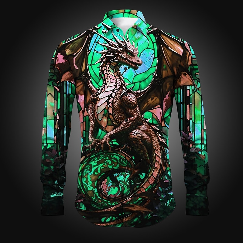 Men's Dragon Shirt Button Up Shirt Long Sleeve Abstract Daily Wear Going out Spring & Summer Turndown Print Button-Down Yellow Red Blue Purple Orange3