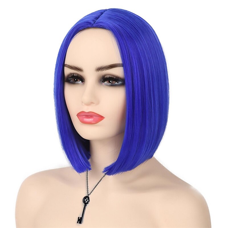 Coraline Wig Costume Necklace Blue Bob Wigs for Women Girls Short Straight Colored Wig with Bangs for Theme Costume Party Carnival (Only Wig) Halloween Wigs2