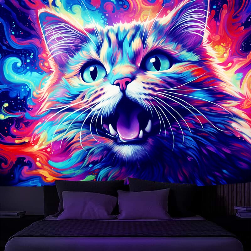 Blacklight Tapestry UV Reactive Glow in the Dark Glow Party Neon Painting Cat Portrait Nature Psychedelic Trippy Misty Hanging Tapestry Wall Art Mural for Living Room Bedroom2