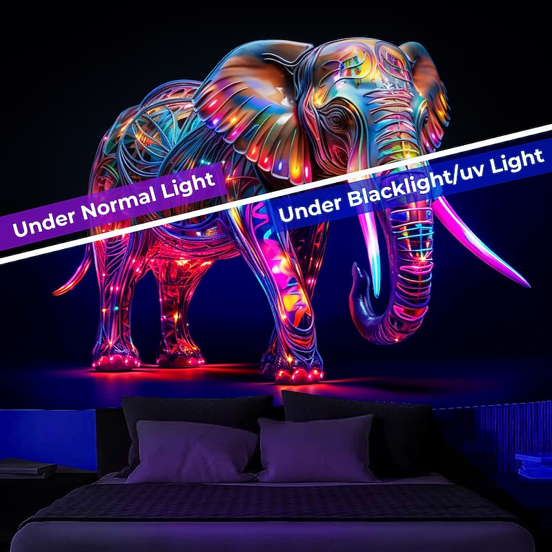 Blacklight Tapestry UV Reactive Glow in the Dark Glow Party Neon Elephant Animal Psychedelic Trippy Misty Hanging Tapestry Wall Art Mural for Living Room Bedroom3