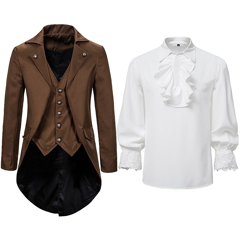 Set with Tailcoat Tuxedo Coat Pirate Ruffle Shirts 2 PCS Men's Punk Gothic Medieval Steampunk 18th Century Outfits Tuxedo Trench Coat Men's Carnival Event Party Vampire Cosplay Costume4