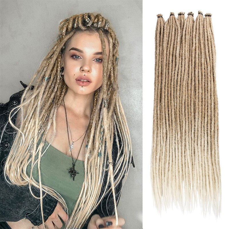 24 Inch Synthetic Dreadlock Extensions 20 Strands Hippie Single Ended Dreads Ombre Blonde 0.6 cm Width Loc Extensions Reggae Style Crochet Hair for Women