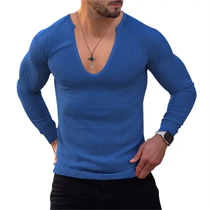 Men's T Shirt Knit Tee Tee Top Long Sleeve Shirt Long Sleeve V Neck Spring &  Fall Plain Pit Strip Fashion Designer Basic Vacation Street Going out Wine Black Blue Top Tee for Men