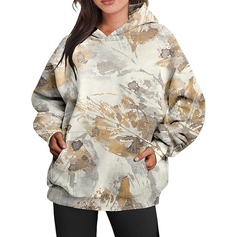 Women's Hoodie Sweatshirt Pullover Active Sportswear Graphic Casual Sports Hooded Print Front Pocket Long Sleeve Yellow Orange Brown Khaki Dark Gray Fall & Winter2