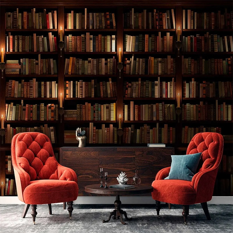 Cool Wallpapers 3D Vintage Wallpaper Wall Mural Bookshelf Wall Covering Sticker Peel and Stick Removable PVC/Vinyl Material Self Adhesive/Adhesive Required Wall Decor for Living Room Kitchen Bathroom