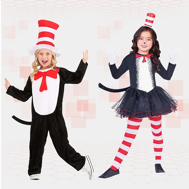 The Cat in the Hat Cat Cosplay Costume Boys Girls' Movie Cosplay Anime girls Boys Halloween Masquerade Leotard / Onesie Dress Hat