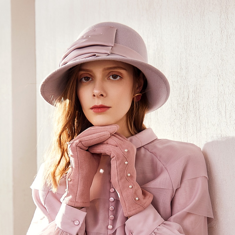 Hats 100% Wool Bowler / Cloche Hat Bucket Hat Wedding Holiday Elegant Wedding With Beading Splicing Headpiece Headwear